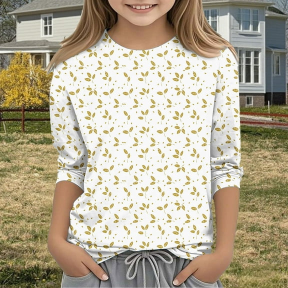 Spazoro Toddler Girls 3/4 Sleeve Shirts, Round Neck Casual Spring and Fall Floral Print Fashionable Tops for Girls Yellow Size 5 T