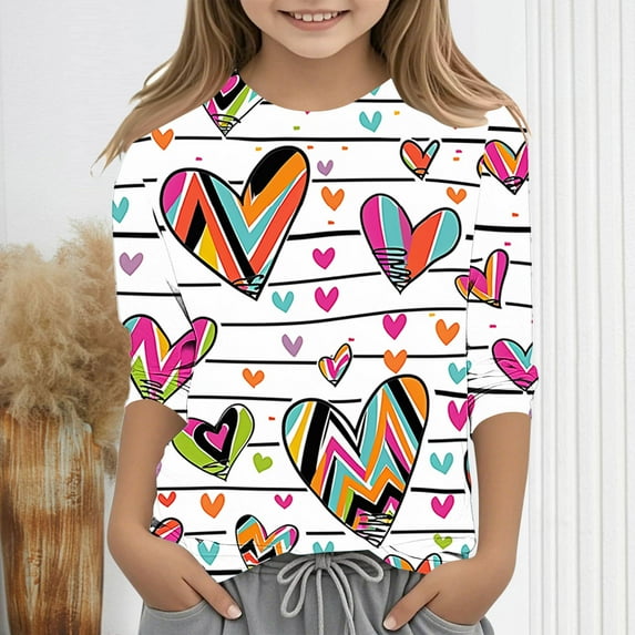 Spazoro Toddler Girls 3/4 Sleeve Shirts, Round Neck Casual Spring and Fall Love Print Fashionable Tops for Girls Multicolor Size 9-10T