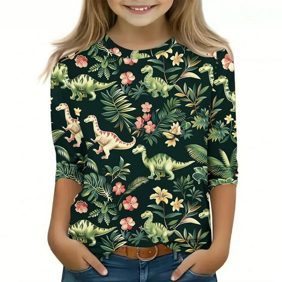 Spazoro Toddler Girls 3/4 Sleeve Shirts, Round Neck Dinosaur Print Spring and Fall Casual Fashionable Tops for Girls Multicolor Size 9-10T