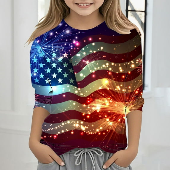 Spazoro Toddler Girls 3/4 Sleeve Shirts, Round Neck Independence Day Print Spring and Fall Casual Fashionable Tops for Girls Multicolor Size 3 T