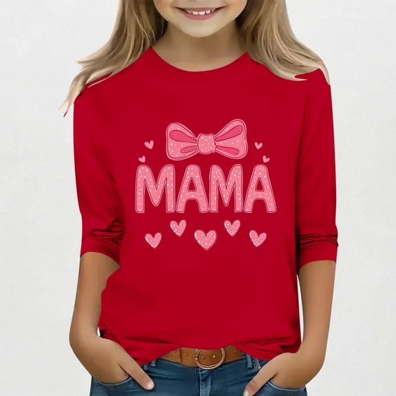 Spazoro Toddler Girls 3/4 Sleeve Shirts, Round Neck Mother's Day Print Casual Spring and Fall Fashionable Tops for Girls Red Size 5-6T