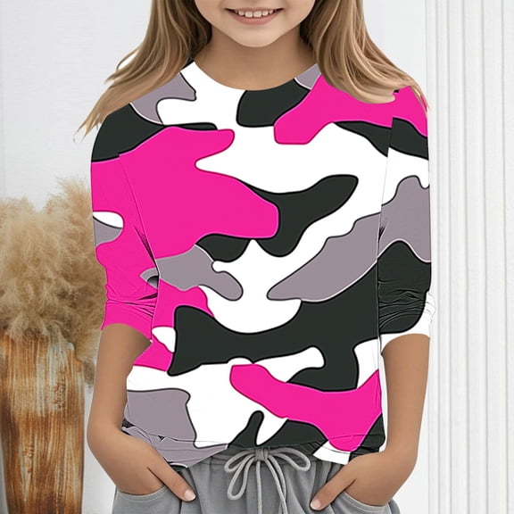 Spazoro Toddler Girls 3/4 Sleeve Shirts, Round Neck Spring and Fall Casual Camouflage Print Fashionable Tops for Girls Multicolor Size 7-8T