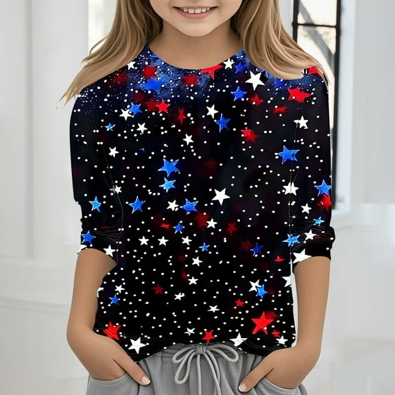 Spazoro Toddler Girls 3/4 Sleeve Shirts, Round Neck Spring and Fall Casual Independence Day Print Fashionable Tops for Girls Multicolor Size 4 T