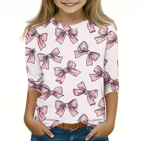 Spazoro Toddler Girls 3/4 Sleeve Shirts, Round Neck Spring and Fall Casual Knot Bow Print Fashionable Tops for Girls Multicolor Size 3-4T