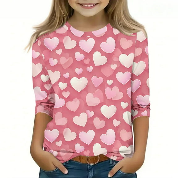 Spazoro Toddler Girls 3/4 Sleeve Shirts, Round Neck Spring and Fall Casual Love Print Fashionable Tops for Girls Multicolor Size 7-8T
