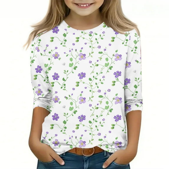 Spazoro Toddler Girls 3/4 Sleeve Shirts, Round Neck Spring and Fall Floral Print Casual Fashionable Tops for Girls Multicolor Size 4-5T