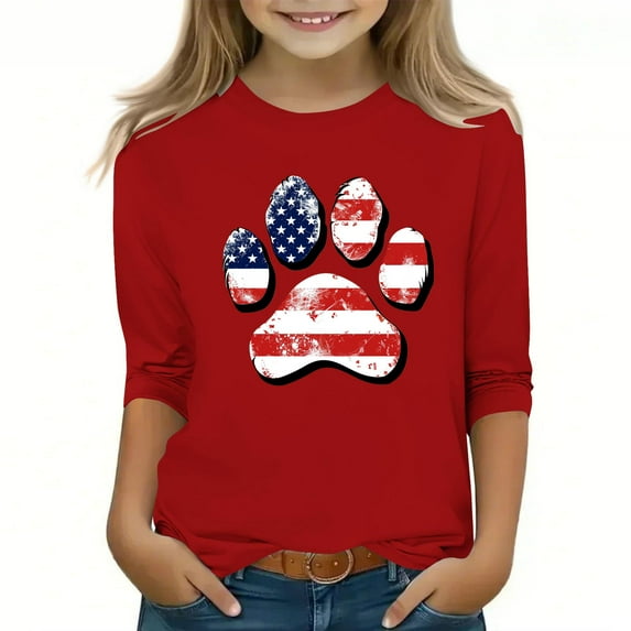 Spazoro Toddler Girls 3/4 Sleeve Shirts, Round Neck Spring and Fall Graphic Print Casual Fashionable Tops for Girls Red Size 4-5T