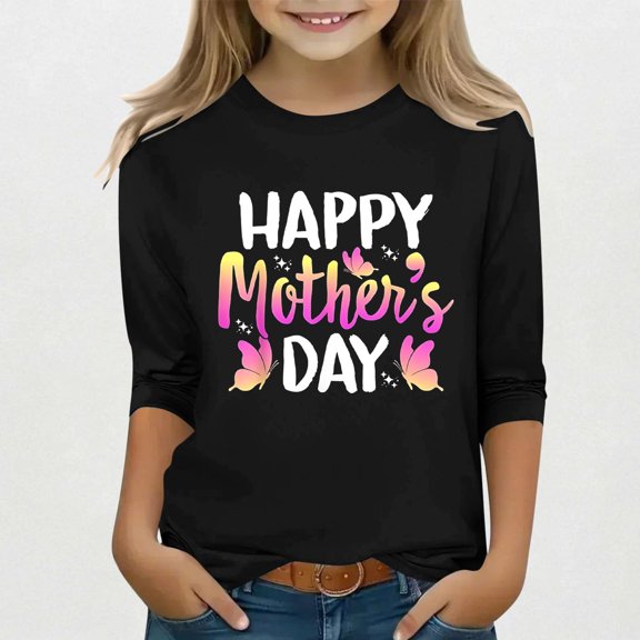 Spazoro Toddler Girls 3/4 Sleeve Shirts, Round Neck Spring and Fall Mother's Day Print Casual Fashionable Tops for Girls Black Size 4-5T