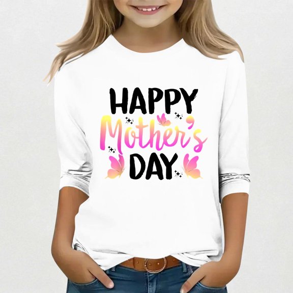 Spazoro Toddler Girls 3/4 Sleeve Shirts, Round Neck Spring and Fall Mother's Day Print Casual Fashionable Tops for Girls White Size 3-4T