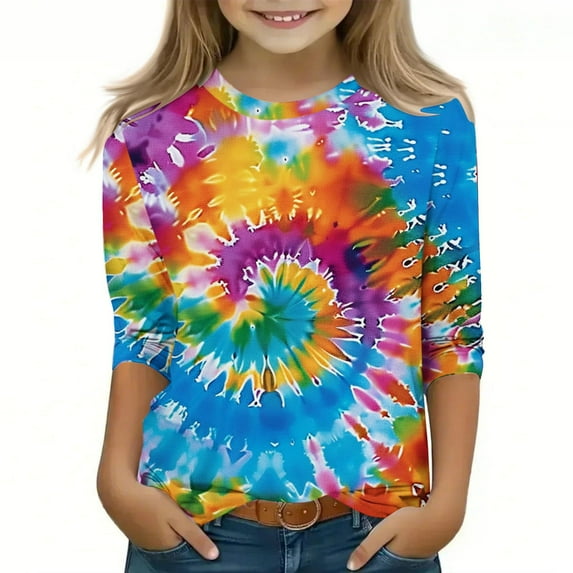 Spazoro Toddler Girls 3/4 Sleeve Shirts, Round Neck Spring and Fall Tie Dye Casual Fashionable Tops for Girls Multicolor Size 5-6T
