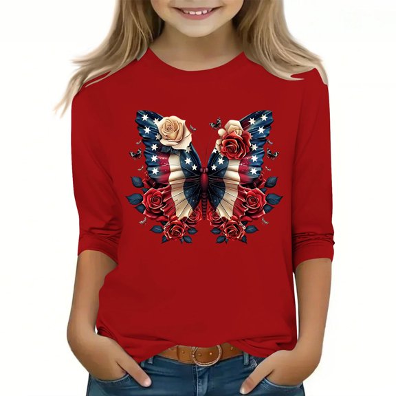 Spazoro Toddler Girls 3/4 Sleeve Shirts, Spring and Fall Casual Graphic Print Round Neck Fashionable Tops for Girls Red Size 5-6T