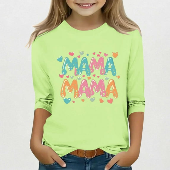 Spazoro Toddler Girls 3/4 Sleeve Shirts, Spring and Fall Casual Mother's Day Print Round Neck Fashionable Tops for Girls Green Size 4-5T