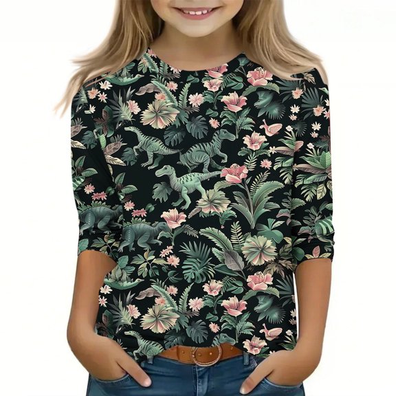Spazoro Toddler Girls 3/4 Sleeve Shirts, Spring and Fall Dinosaur Print Casual Round Neck Fashionable Tops for Girls Multicolor Size 3-4T