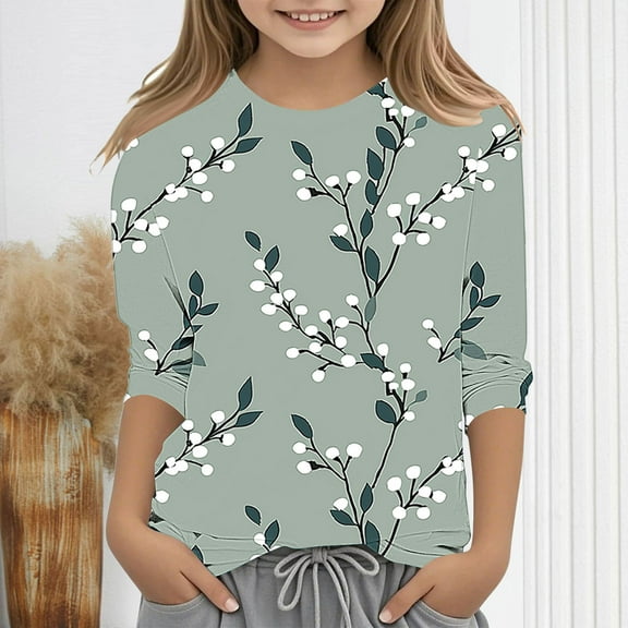 Spazoro Toddler Girls 3/4 Sleeve Shirts, Spring and Fall Floral Print Round Neck Casual Fashionable Tops for Girls Multicolor Size 5-6T