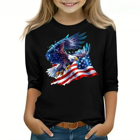 Spazoro Toddler Girls 3/4 Sleeve Shirts, Spring and Fall Graphic Print Casual Round Neck Fashionable Tops for Girls Black Size 7-8T