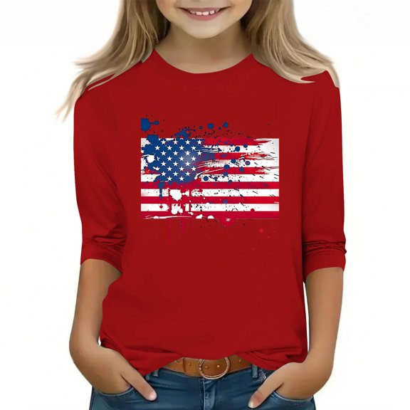 Spazoro Toddler Girls 3/4 Sleeve Shirts, Spring and Fall Graphic Print Casual Round Neck Fashionable Tops for Girls Red Size 5-6T