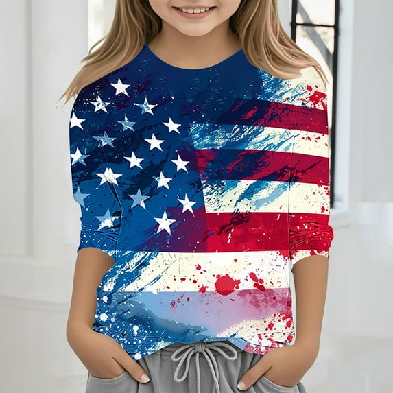 Spazoro Toddler Girls 3/4 Sleeve Shirts, Spring and Fall Independence Day Print Casual Round Neck Fashionable Tops for Girls Multicolor Size 4 T