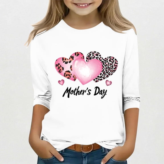Spazoro Toddler Girls 3/4 Sleeve Shirts, Spring and Fall Mother's Day Print Round Neck Casual Fashionable Tops for Girls White Size 4-5T