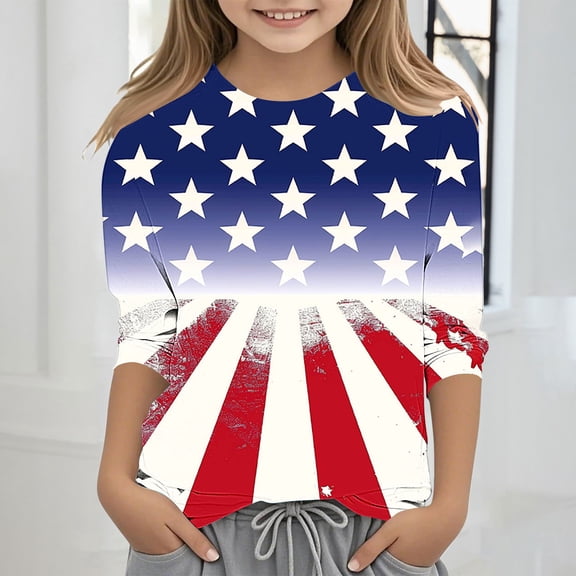 Spazoro Toddler Girls 3/4 Sleeve Shirts, Spring and Fall Round Neck Casual Independence Day Print Fashionable Tops for Girls Multicolor Size 3 T