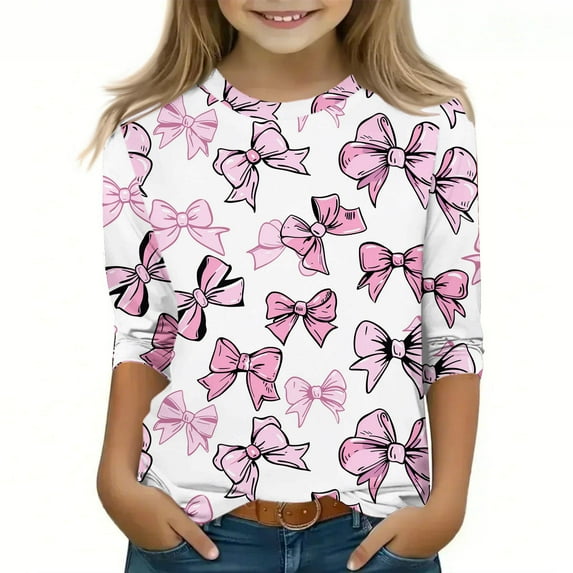 Spazoro Toddler Girls 3/4 Sleeve Shirts, Spring and Fall Round Neck Casual Knot Bow Print Fashionable Tops for Girls Multicolor Size 9-10T