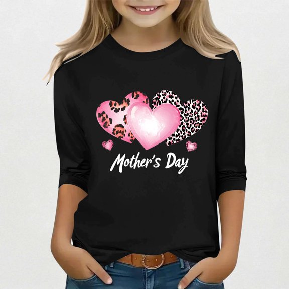 Spazoro Toddler Girls 3/4 Sleeve Shirts, Spring and Fall Round Neck Casual Mother's Day Print Fashionable Tops for Girls Black Size 3-4T