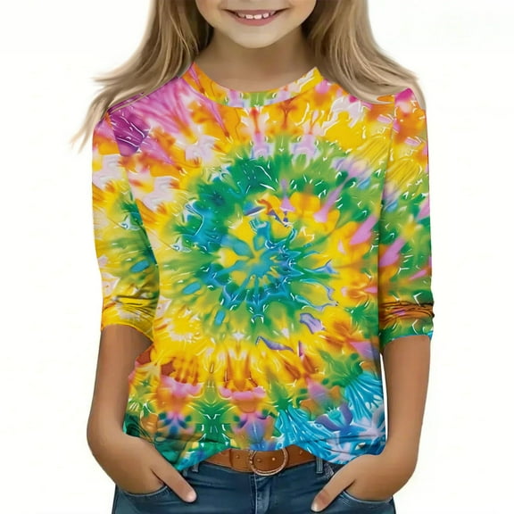Spazoro Toddler Girls 3/4 Sleeve Shirts, Spring and Fall Round Neck Casual Tie Dye Fashionable Tops for Girls Multicolor Size 4-5T