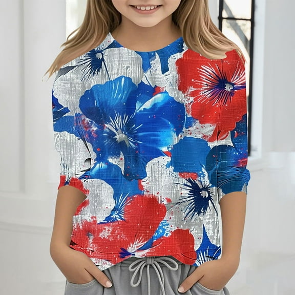 Spazoro Toddler Girls 3/4 Sleeve Shirts, Spring and Fall Round Neck Independence Day Print Casual Fashionable Tops for Girls Multicolor Size 3 T