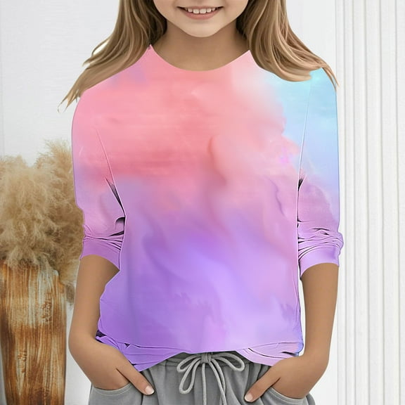 Spazoro Toddler Girls 3/4 Sleeve Shirts, Spring and Fall Tie Dye Casual Round Neck Fashionable Tops for Girls Multicolor Size 4-5T