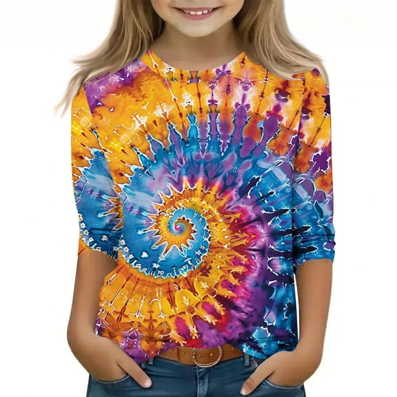 Spazoro Toddler Girls 3/4 Sleeve Shirts, Tie Dye Casual Spring and Fall Round Neck Fashionable Tops for Girls Multicolor Size 7-8T