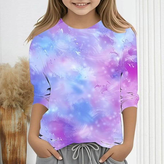 Spazoro Toddler Girls 3/4 Sleeve Shirts, Tie Dye Casual Spring and Fall Round Neck Fashionable Tops for Girls Multicolor Size 9-10T