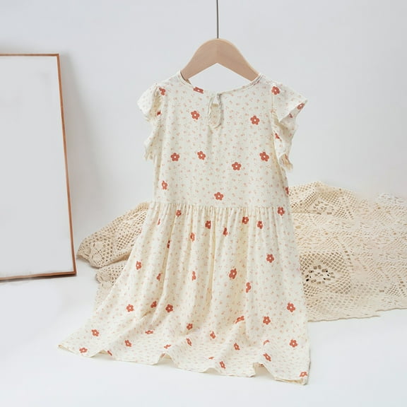 Spazoro Toddler Girls A-Line Dress, 2025 New Style Sleeveless Floral Print Crew Neck Summer Dresses for Child Girls Beige Size 4 T