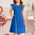 thumbnail image 1 of Spazoro Toddler Girls A-Line Dress, Casual Flutter Sleeve Solid Color Round Neck Princess Dresses for Child Girls Blue Size 7-8T, 1 of 5