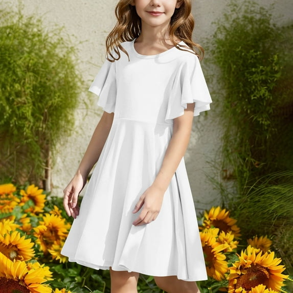 Spazoro Toddler Girls A-Line Dress, Casual Round Neck Solid Color Short Sleeve Princess Dresses for Child Girls White Size 4 T
