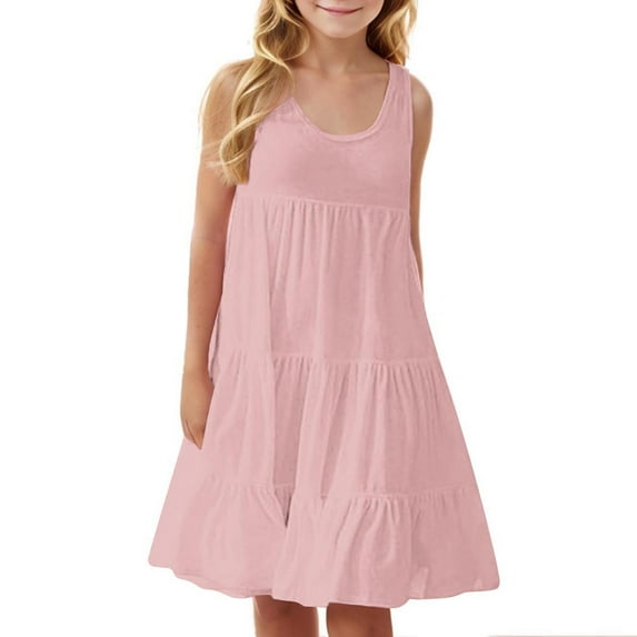 Spazoro Toddler Girls A-Line Dress, Casual Round Neck Solid Color Sleeveless Princess Dresses for Child Girls Pink Size 13-14T