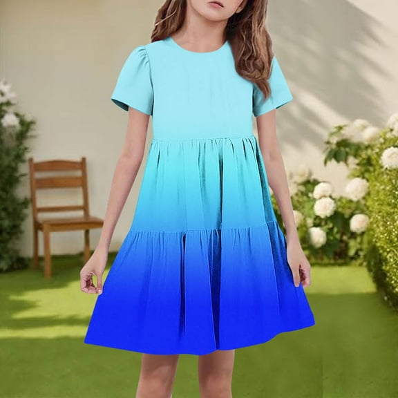 Spazoro Toddler Girls A-Line Dress, Casual Short Sleeve Color Block Round Neck Princess Dresses for Child Girls Blue Size 4-5T