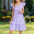 thumbnail image 1 of Spazoro Toddler Girls A-Line Dress, Casual Short Sleeve V-Neck Solid Color Princess Dresses for Child Girls Purple Size 11-12T, 1 of 5