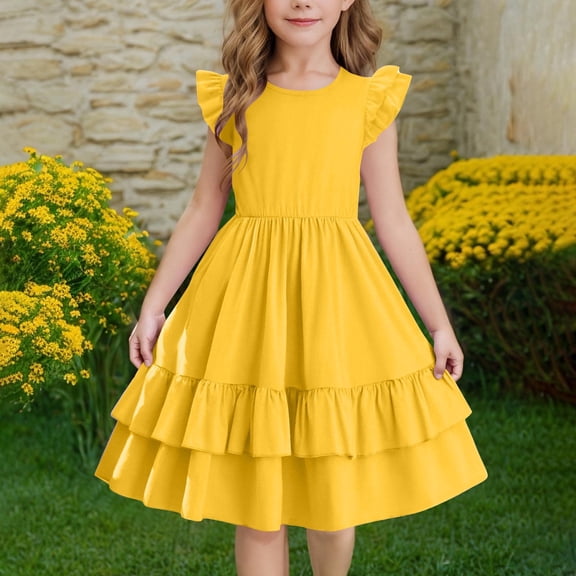 Spazoro Toddler Girls A-Line Dress, Casual Solid Color Flutter Sleeve Round Neck Princess Dresses for Child Girls Yellow Size 9 T