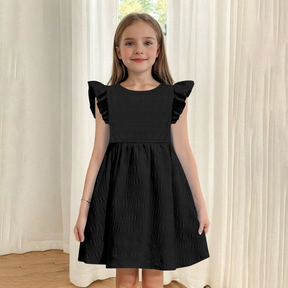 Spazoro Toddler Girls A-Line Dress, Casual Solid Color Round Neck Flutter Sleeve Princess Dresses for Child Girls Black Size 7-8T