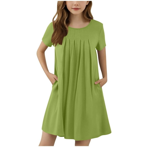Spazoro Toddler Girls A-Line Dress, Casual Solid Color Short Sleeve Round Neck Princess Dresses for Child Girls Green Size 7 T