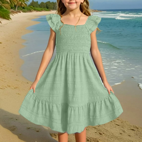 Spazoro Toddler Girls A-Line Dress, Casual Square Neck Sleeveless Solid Color Princess Dresses for Child Girls Mint Green Size 4 T