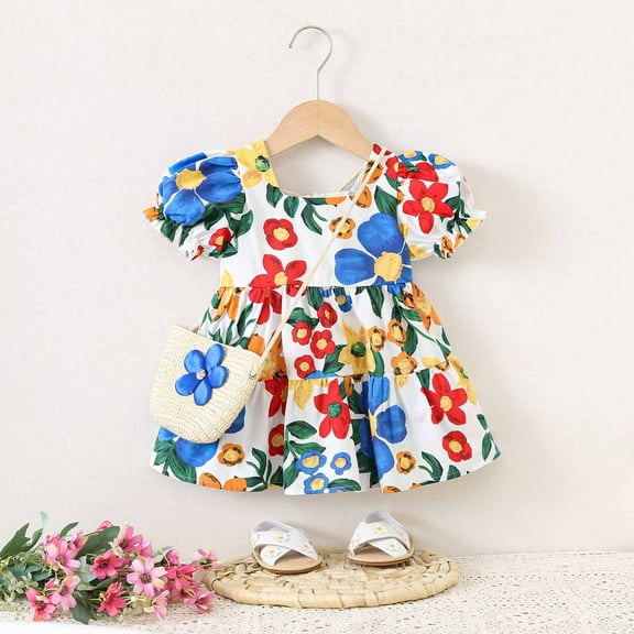 Spazoro Toddler Girls A-Line Dress, Crew Neck Floral Print 2025 New Style Sleeveless Summer Dresses for Child Girls Blue Size 2 T
