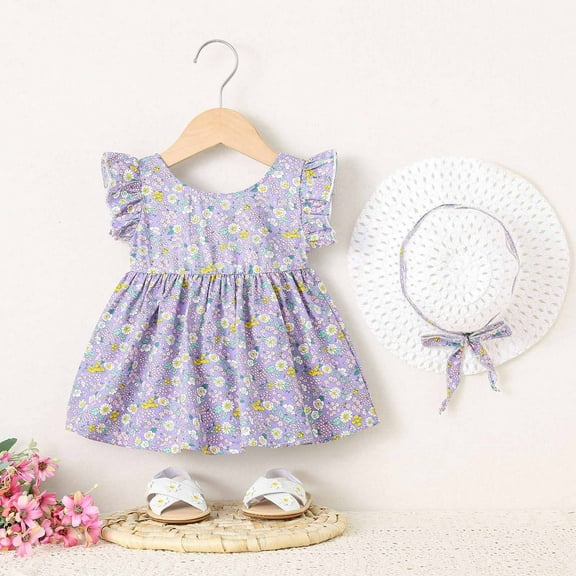 Spazoro Toddler Girls A-Line Dress, Crew Neck Floral Print Sleeveless 2025 New Style Summer Dresses for Child Girls Purple Size 2 T