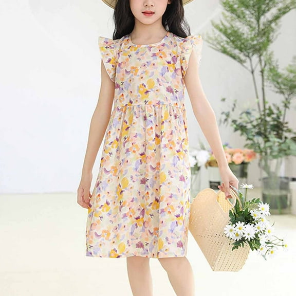 Spazoro Toddler Girls A-Line Dress, Crew Neck Floral Print Sleeveless 2025 New Style Summer Dresses for Child Girls Yellow Size 4 T