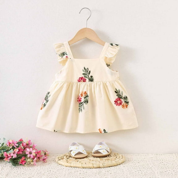 Spazoro Toddler Girls A-Line Dress, Floral Print Sleeveless 2025 New Style Crew Neck Summer Dresses for Child Girls Beige Size 2 T