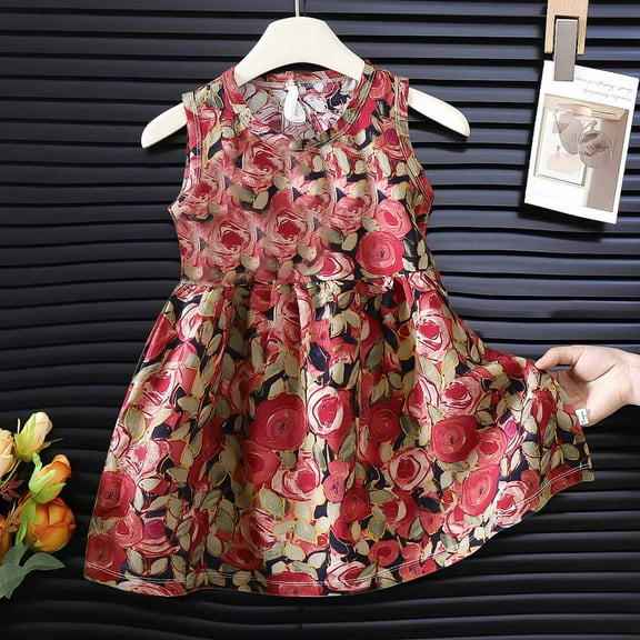 Spazoro Toddler Girls A-Line Dress, Floral Print Sleeveless 2025 New Style Crew Neck Summer Dresses for Child Girls Red Size 5 T