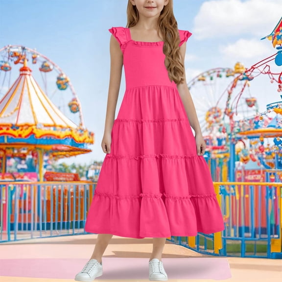 Spazoro Toddler Girls A-Line Dress, Flutter Sleeve Round Neck Casual Solid Color Princess Dresses for Child Girls Hot Pink Size 12 T