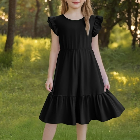 Spazoro Toddler Girls A-Line Dress, Flutter Sleeve Solid Color Round Neck Casual Princess Dresses for Child Girls Black Size 5 T
