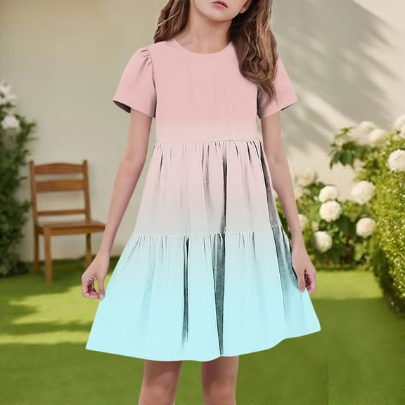 Spazoro Toddler Girls A-Line Dress, Round Neck Casual Color Block Short Sleeve Princess Dresses for Child Girls Pink Size 4-5T