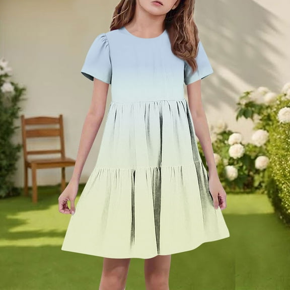 Spazoro Toddler Girls A-Line Dress, Round Neck Casual Color Block Short Sleeve Princess Dresses for Child Girls Sky Blue Size 4-5T