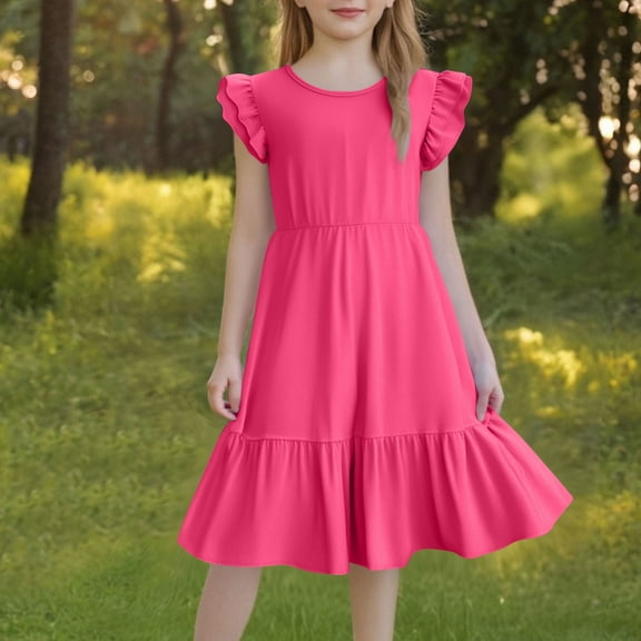 Spazoro Toddler Girls A-Line Dress, Round Neck Casual Flutter Sleeve Solid Color Princess Dresses for Child Girls Hot Pink Size 9 T